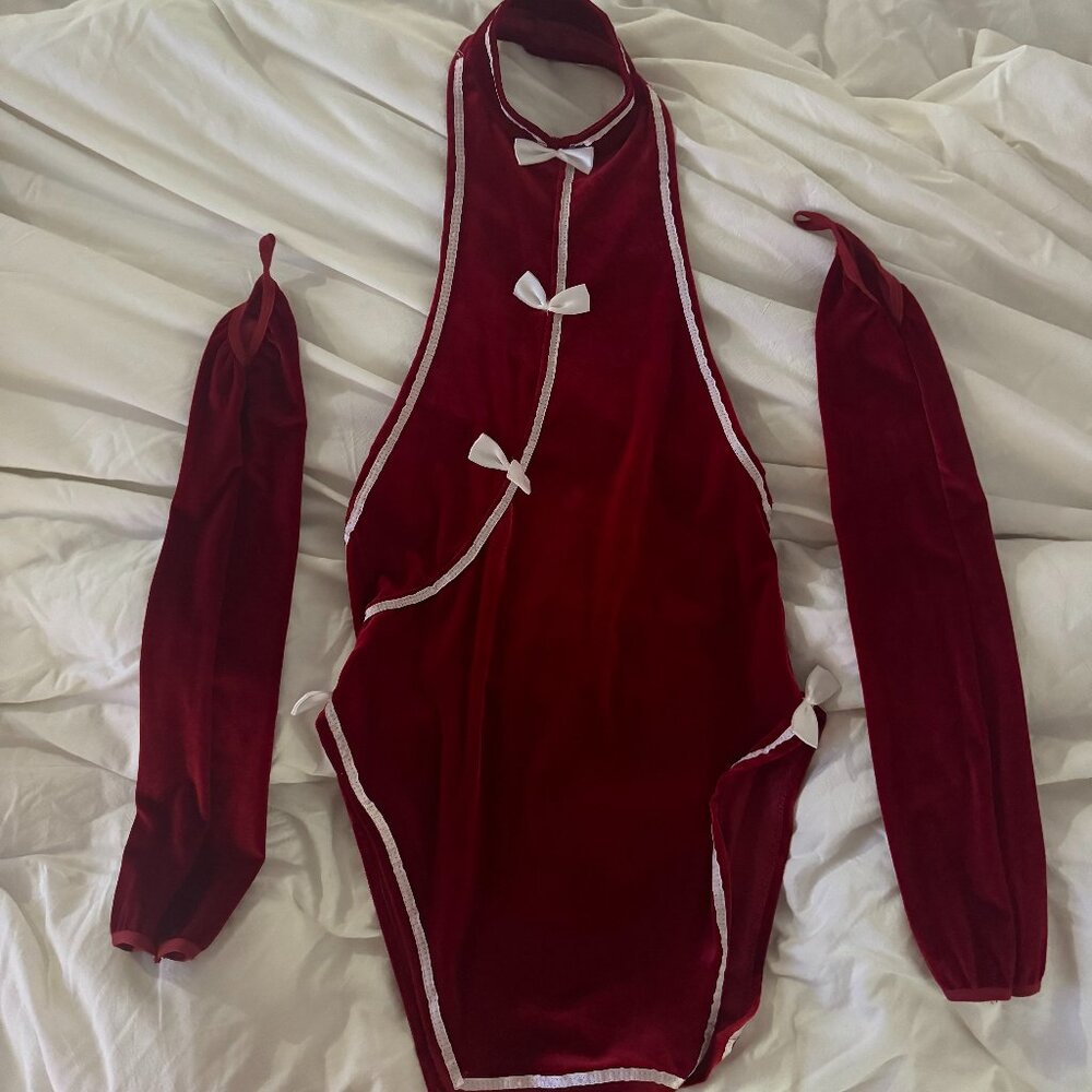 red velvet style dress and gloves